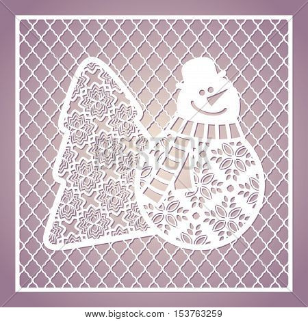 Openwork square card with cute snowman and Christmas tree. Laser cutting template for greeting cards envelopes invitations interior decorative elements.