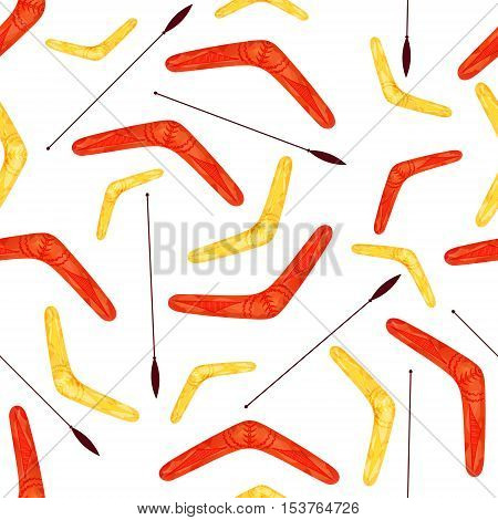 Vector seamless pattern with colorful boomerangs decorated by an australian aboriginal ornament.