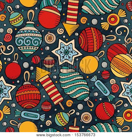 Cartoon cute hand drawn Xmass seamless pattern. Colorful with lots of objects background. Endless funny vector illustration