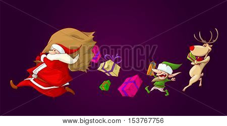Colorful vector illustration of santa runing with his big bag which has a hole it it and presents falling on the ground. His helpers a christmas elf and a raindeer runing to gather them.