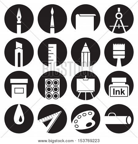 icons on white background the attributes of art and stationery in black circles