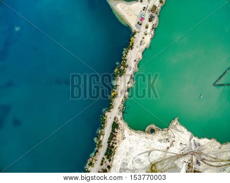 Aerial view - sandy shore and green and blue water