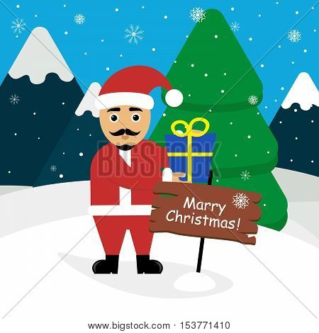 Landscape of mountains , forest, snow. Santa Claus with a gift in its hands