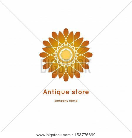 Luxury logotype for antique store. Ornamental vector symbols. Volumetric golden big bud. Isolated abstract colorful vector logo. Vector vintage mandala logo. Kaleidoscope flower.
