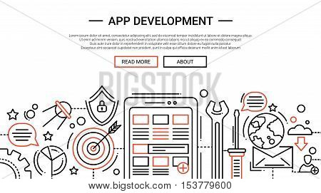 App Development - illustration of vector modern simple line design composition and infographics elements with mobile device, work tools. Header, banner for your site.