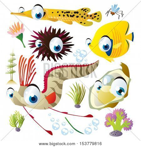 cute vector flat style illustration of sea life animals and fish. Funny collection set of gar, butterfly fish, oarfish, oyster