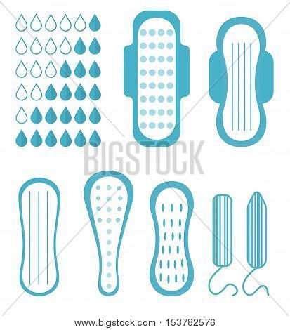 Menstruation feminine hygiene set. Pads pantyliners tampons. Female hygiene products. Women's hygiene. Flat style. Vector illustration.