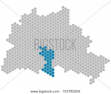 Set: Map of Berlin with grey and blue Pixels showing district of Tempelhof-Schoeneberg