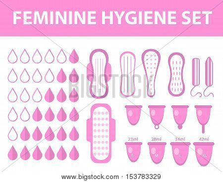 Menstruation feminine hygiene set. Pads pantyliners tampons menstrual cup. Female hygiene products. Women's hygiene. Flat style. Vector illustration.