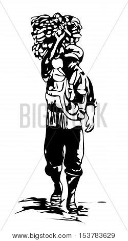 An Indonesian man walks as he carries goods on his back. Art sketch illustration.
