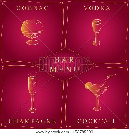 Alcohol Drinks.Bar Menu. Set of Hand-Drawn Wineglasses in Golden Frames isolated on Red. Glasses with Cognac Vodka Champagne and Cocktail Perfect Design Elements for Wine Cards and Menu. Vector Illustration.