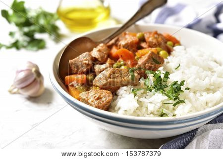 Veal Stew Served With Rice.vintage Style.