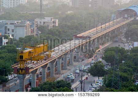 Noida, India - 16th oct 2016 : Construction of the Metro rail line beyond wave city center station. The expansion of the metro will help connect more parts of the National Capital Region
