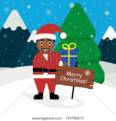 Santa Claus dark-skinned and with a gift in its hands. Modern flat design.Landscape of mountains , forest, snow.
