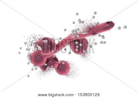 Destruction of Candida fungi by silver nanoparticles, 3D illustration. Can be also used to illustrate effect of antifungals and chemicals