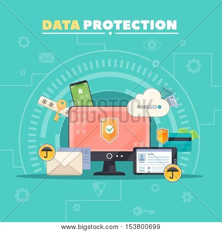 Computer communications safety and private data protection flat composition poster with antivirus software symbol abstract vector illustration