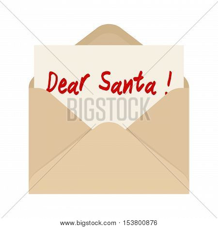 Dear Santa card in brown envelope. The letter pulled out from an envelope. Isolated on white background