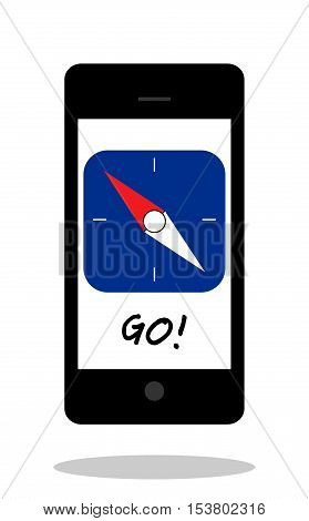 Mobile app with compass needle and word Go isolated on white background. Can also be used for communication and connection technology. Suitable for mobile apps web apps and printed media