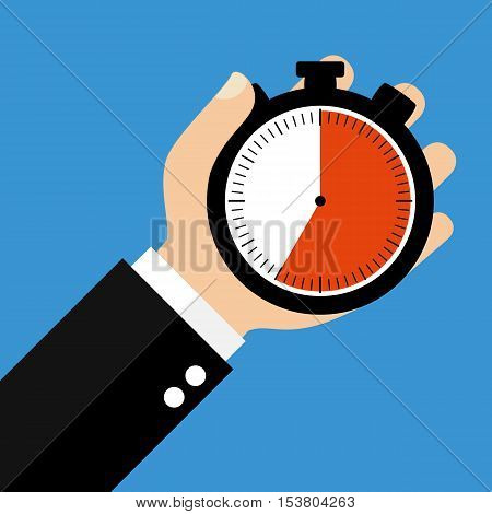 Hand holding Stopwatch showing 35 Seconds 35 Minutes or 7 Hours - Flat Design