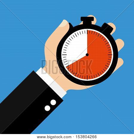 Hand holding Stopwatch showing 40 Seconds 40 Minutes or 8 Hours - Flat Design