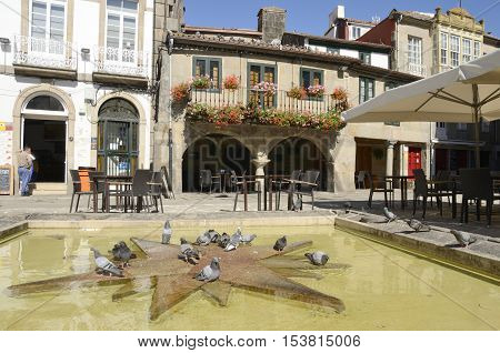 PONTEVEDRA, SPAIN - AUGUST 6, 2016: Doves on pond in picturesque plaza of the city of Pontevedra Galicia Spain.