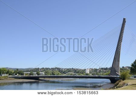 PONTEVEDRA, SPAIN - AUGUST 6, 2016: Cable stayed bridge over the river Lerez in Pontevedra Spain.