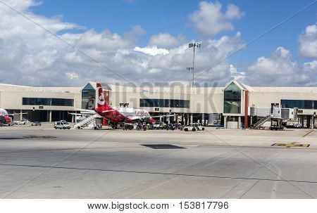 PALMA DE MALLORCA BALEARIC ISLANDS SPAIN - MAI 11 2016: Airport departure tarmac in Palma de Mallorca Balearic islands Spain on Mai 11 2016