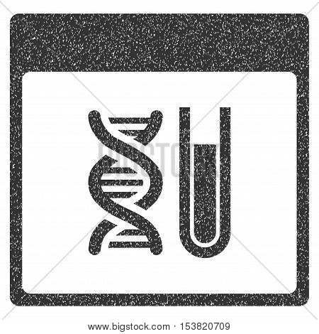 DNA Analysis Calendar Page grainy textured icon for overlay watermark stamps. Flat symbol with dirty texture. Dotted vector gray ink rubber seal stamp with grunge design on a white background.