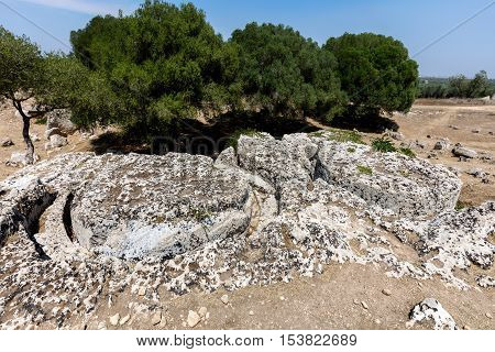 Cave di Cusa or Rocche di Cusa was an ancient stone quarry in Sicily. Its stone was used to construct the temples in the ancient Greek city Selinunte. The stone extraction was abandoned in 409 BC.