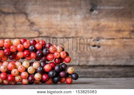 thai blueberry on wooden background, (Antidesma thwaitesianum)