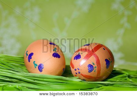 Painted Colorful Easter Eggs On Green Grass