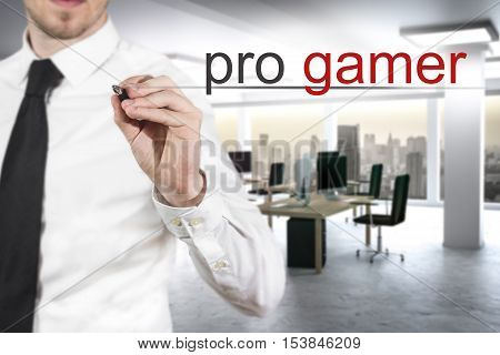 businessman in modern office writing pro gamer