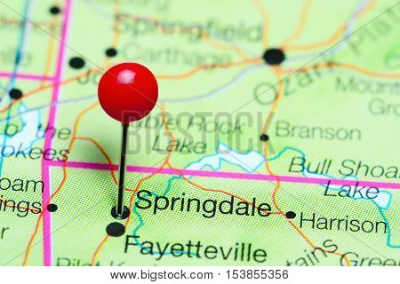 Springdale pinned on a map of Arkansas, USA