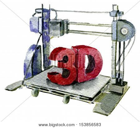 watercolor sketch of 3D printer on white background