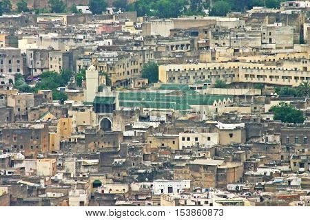 Aerial view of the city skyline and the University of Al-Karaouine the oldest university in the world in the ancient medina Fes el Bali in Fez Morocco