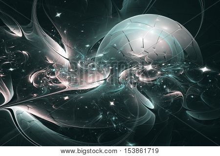 Fractal lines form a ball that resembles a planet surrounded by a luminous cosmic objects.