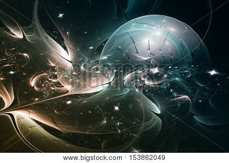 Fractal lines form a ball that resembles a planet surrounded by a luminous cosmic objects.