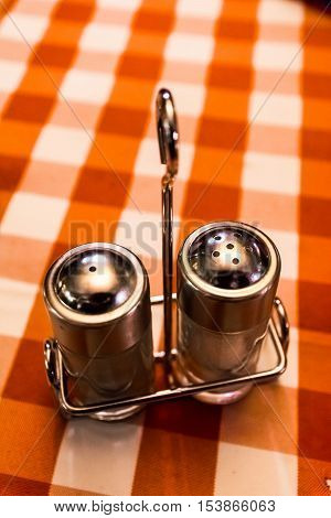 Salt Pepper Shaker Restaurant Industry Red White Plaid Checkerboard Tablecloth Table Typical