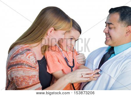 Happy Mixed Race Boy, Mother and Hispanic Doctor Having Fun With Stethoscope On White.