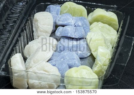 thai sweet dessert. Aa law candy made from wheat flour, chickpea flour, coconut, sugar and food coloring