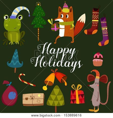 Winter Set-happy Holidays Card.stylish Holiday Card With Cute Fox,frog And Mouse In Vector. Bright C