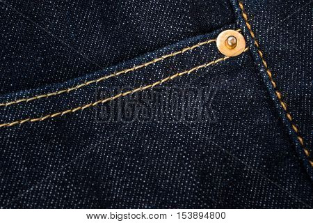 Jeans Background. Detail Of Denim Jeans. Clasper And Pocket Of Dark Blue Denim Jeans.