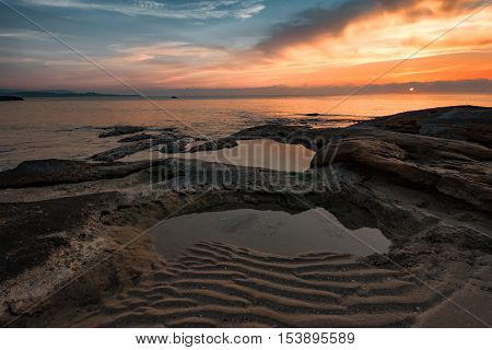 Winter sunrise over the sea at the village of Ravda, Bulgaria
