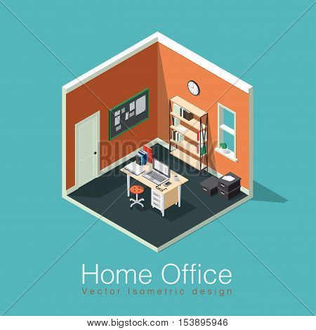 Home office concept isometric vector illustration. Isometric side view interior home office room with bookshelf desk notes board clocks box chair books laptop / computer papers coffee cup