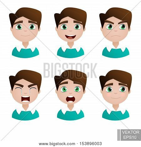 Young guy. Face. Different emotions. Anger joy laughter sadness. Avatar. Simpotichnyh. Lovely man. Icon.
