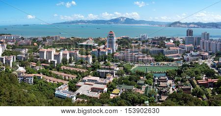 Bird's eye view of Xiamen China and the sea