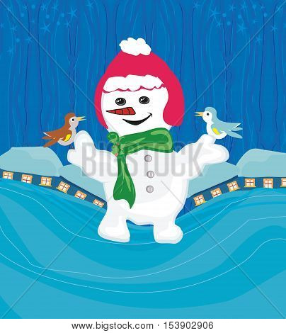 snowman with a scarf and bird sitting on his hand , vector illustration