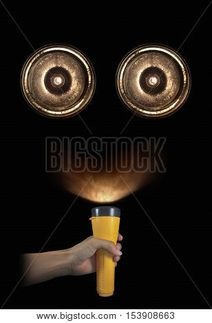 Ghost mix robot face in darkness.Creative idea