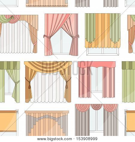 Collection of Different curtains and blinds for interior design pattern - classic, horizontal and vertical blinds, Roman, draped, tulle.