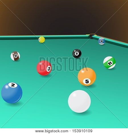 Billiard game balls position on a pool table. Vector illustration of a billiard table with a corner pocket and balls